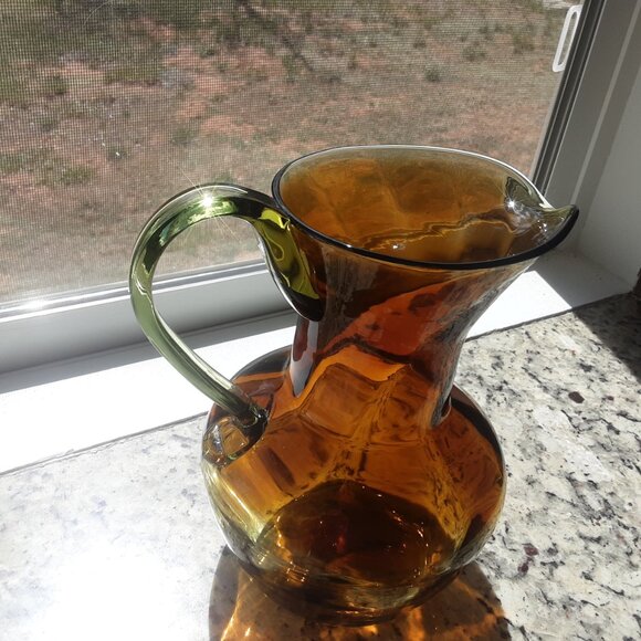 1960's Bischoff Kingston Pitcher Hand Blown Art Glass Green Amber Wayne Husted - Picture 7 of 9